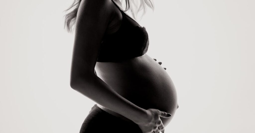 Silhouette of a pregnant woman in lingerie, expressing motherhood and contemplation.